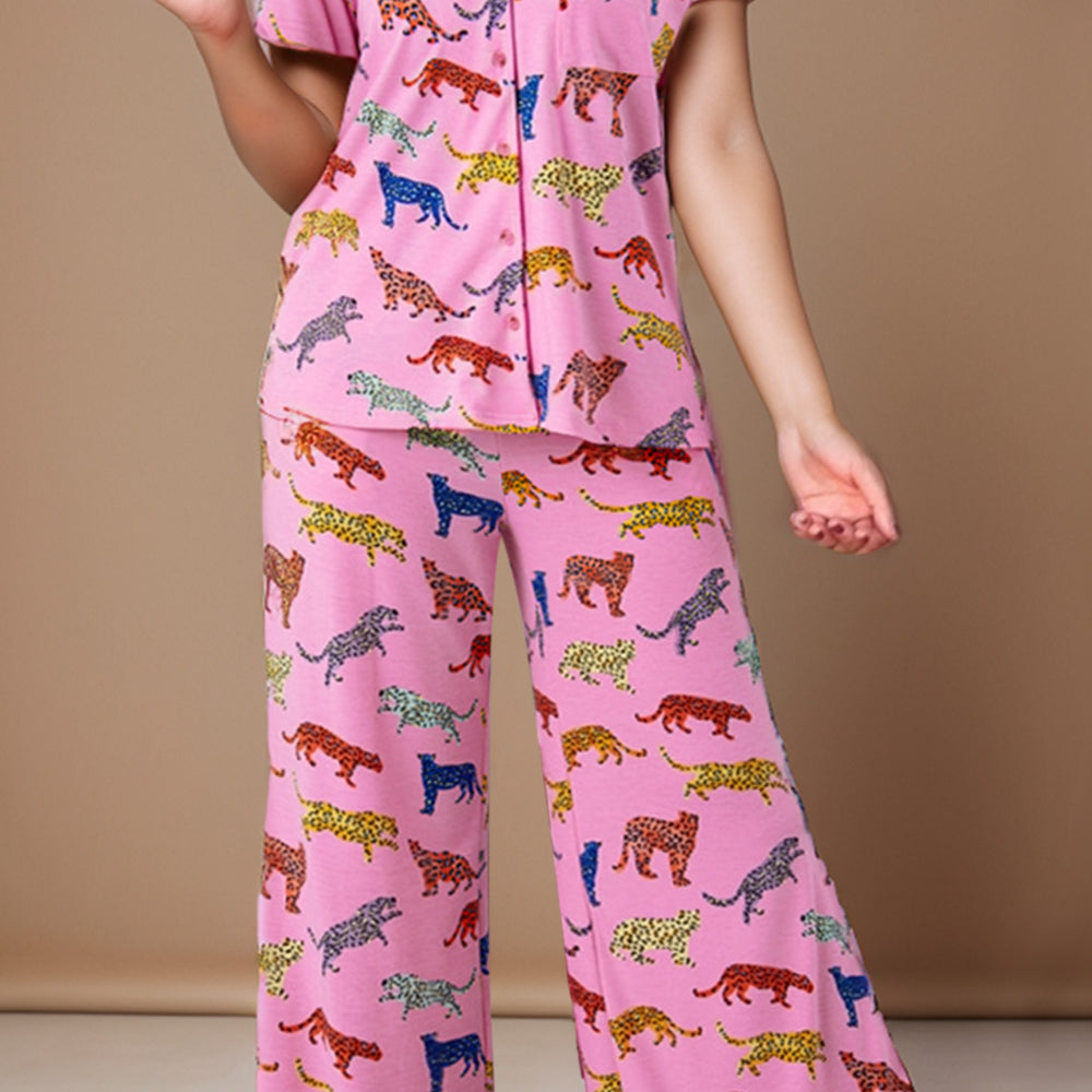 Animal Button Up Top and Pants Lounge Set