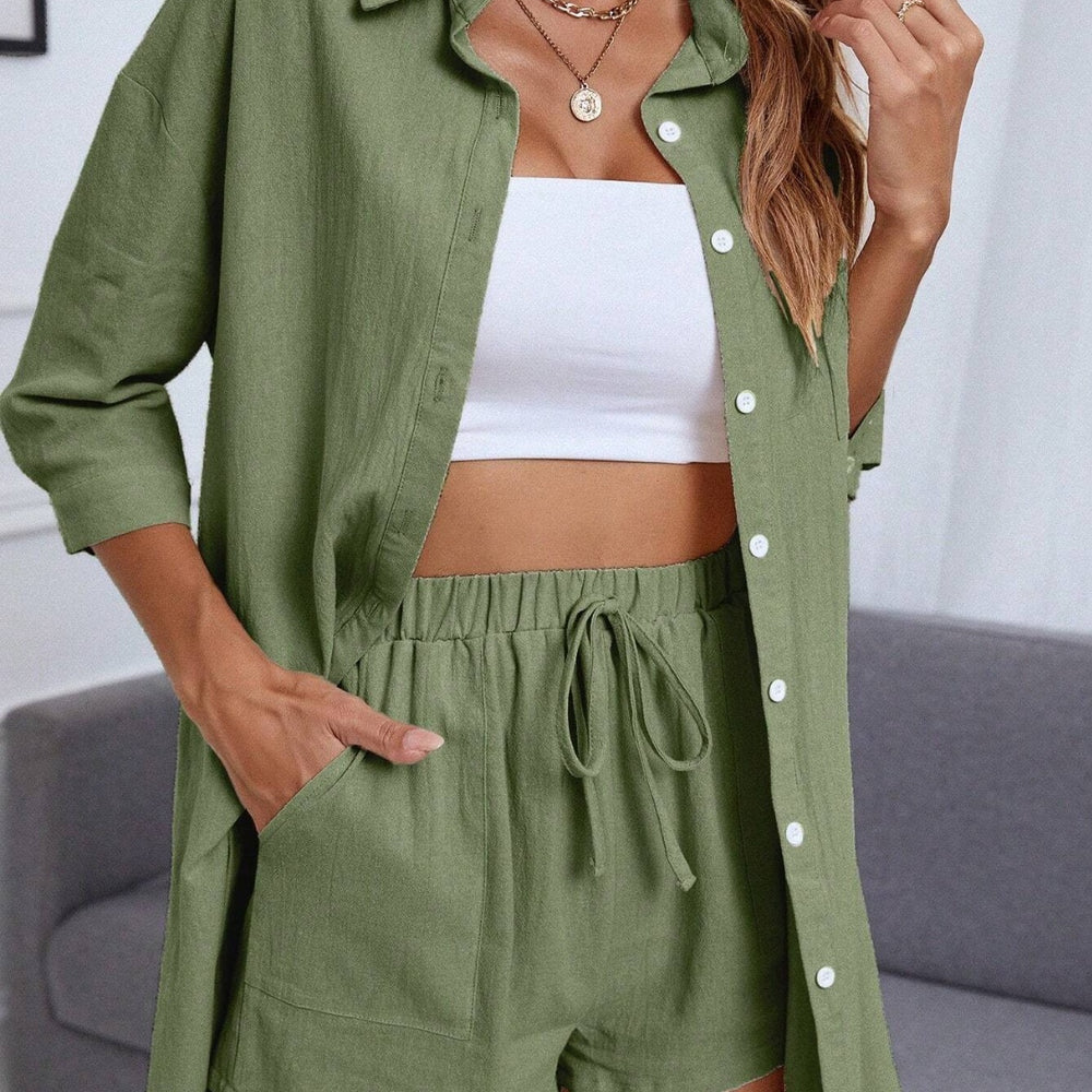 Dropped Shoulder Button Up Shirt and Shorts Set