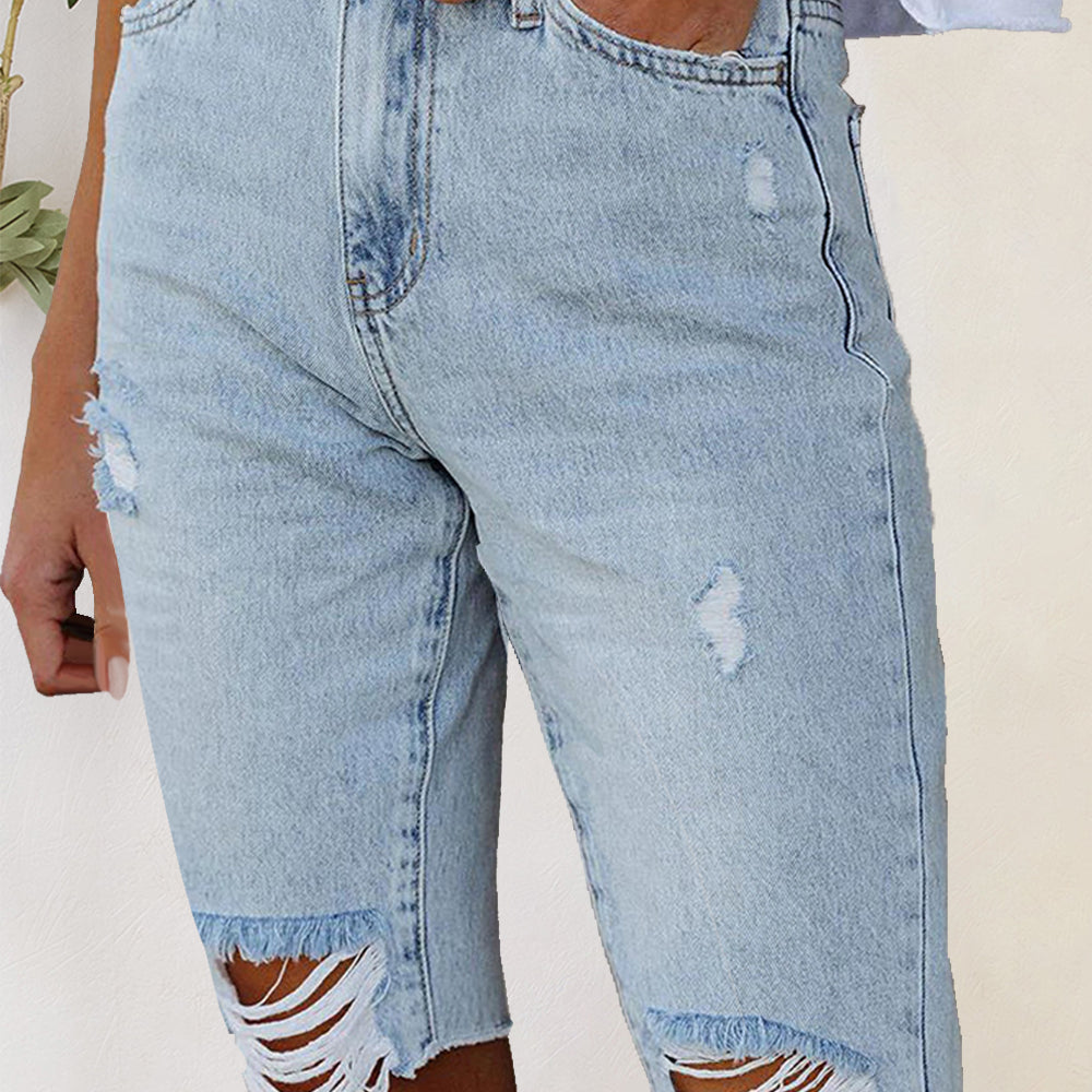 Distressed Raw Hem Denim Shorts