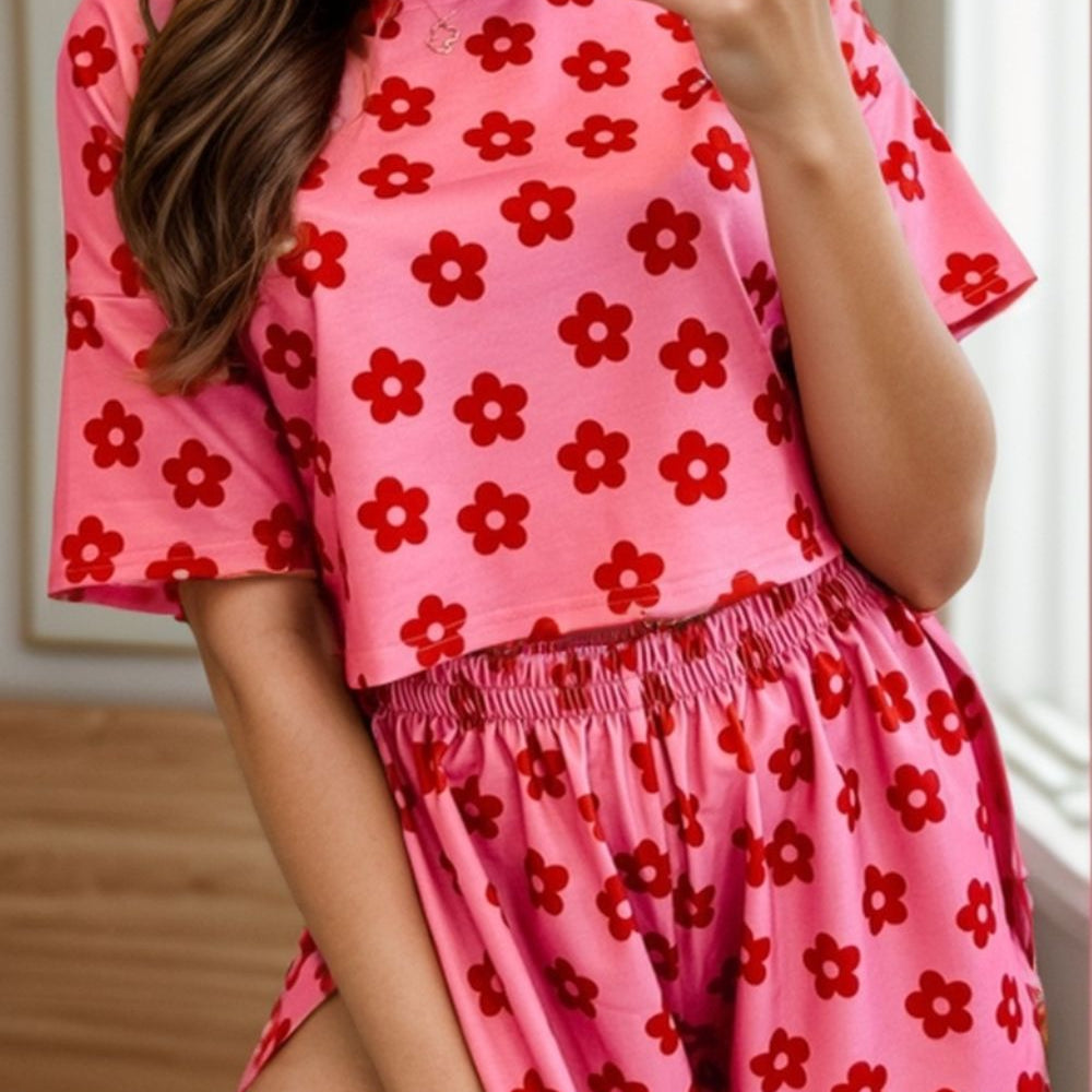 Flower Round Neck Top and Shorts Lounge Set