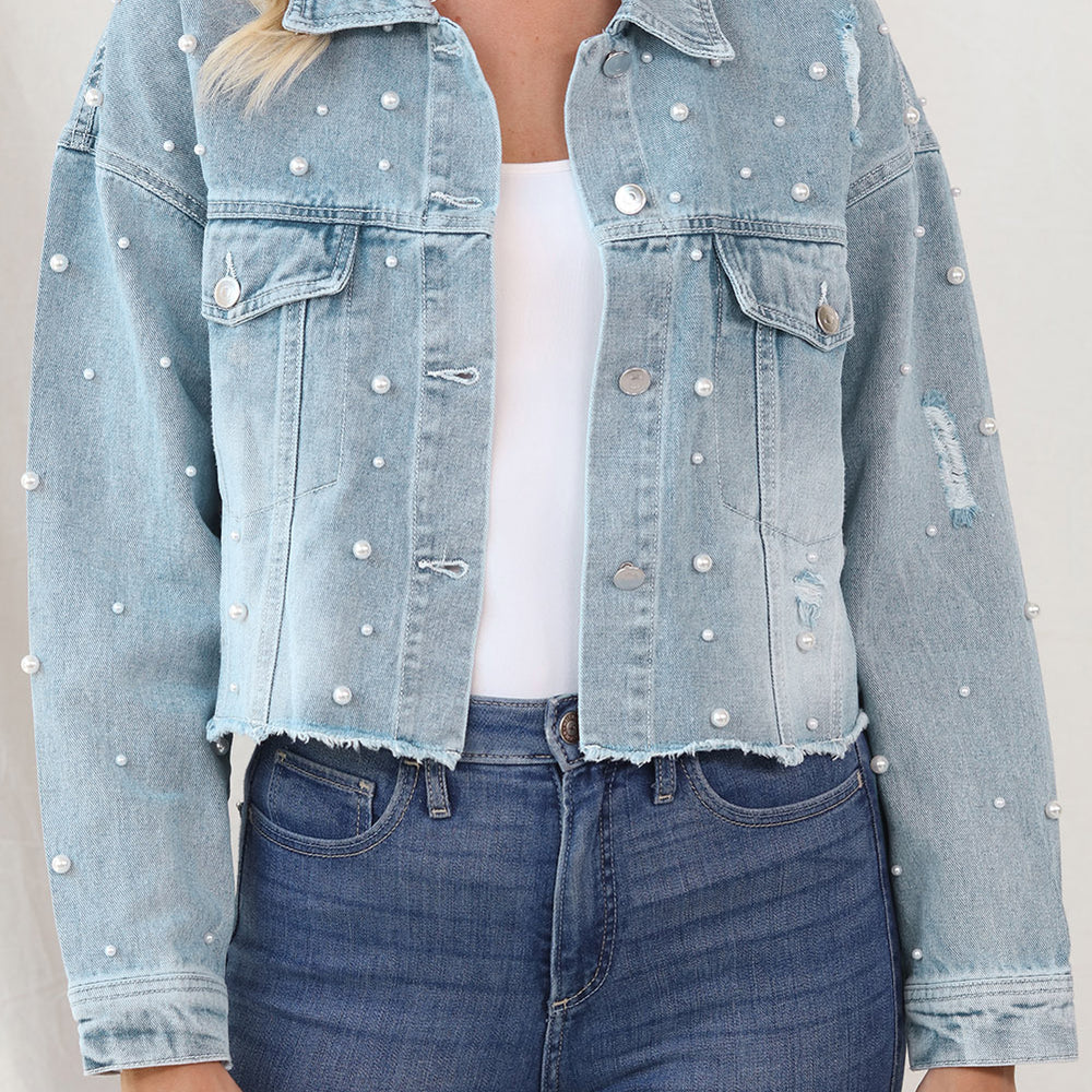 Distressed Pearl Trim Button Up Denim Jacket