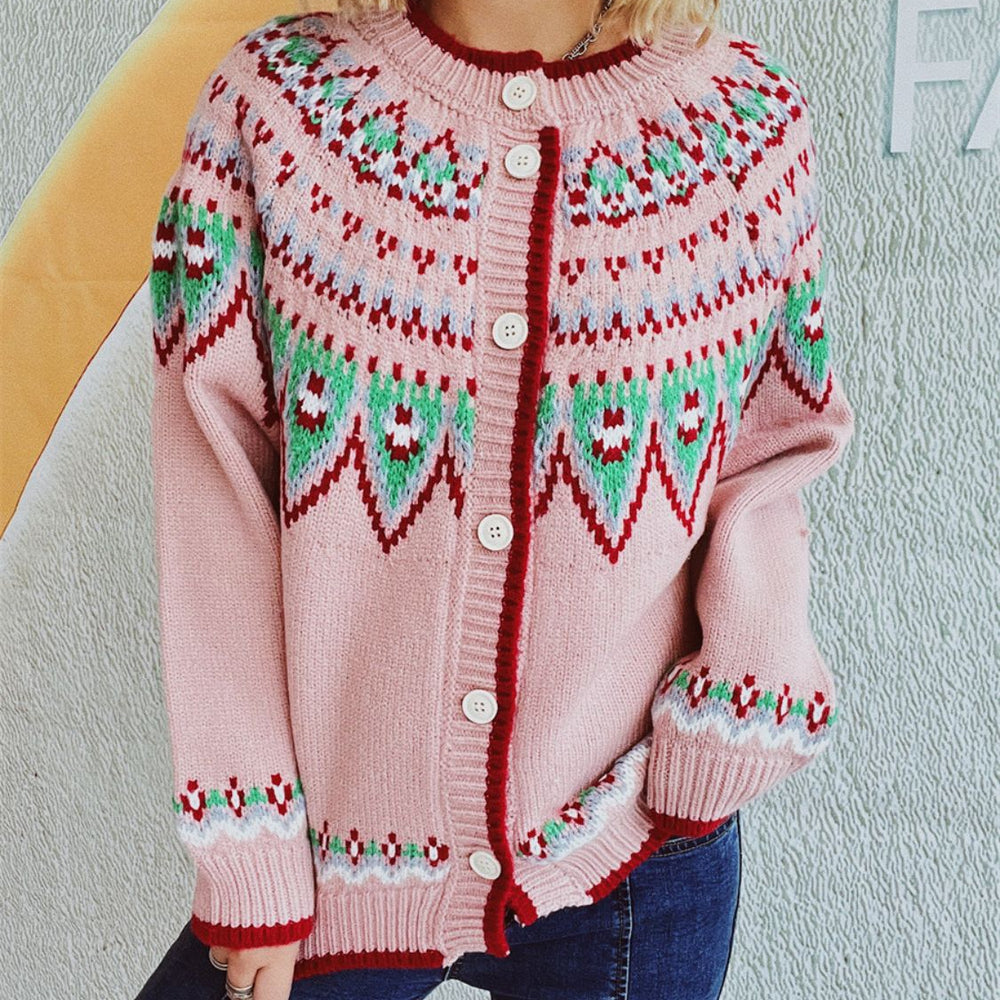 Contrast Geometric Round Neck Long Sleeve Cardigan