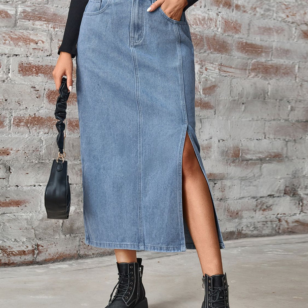 Slit High Waist Denim Skirt with Pockets