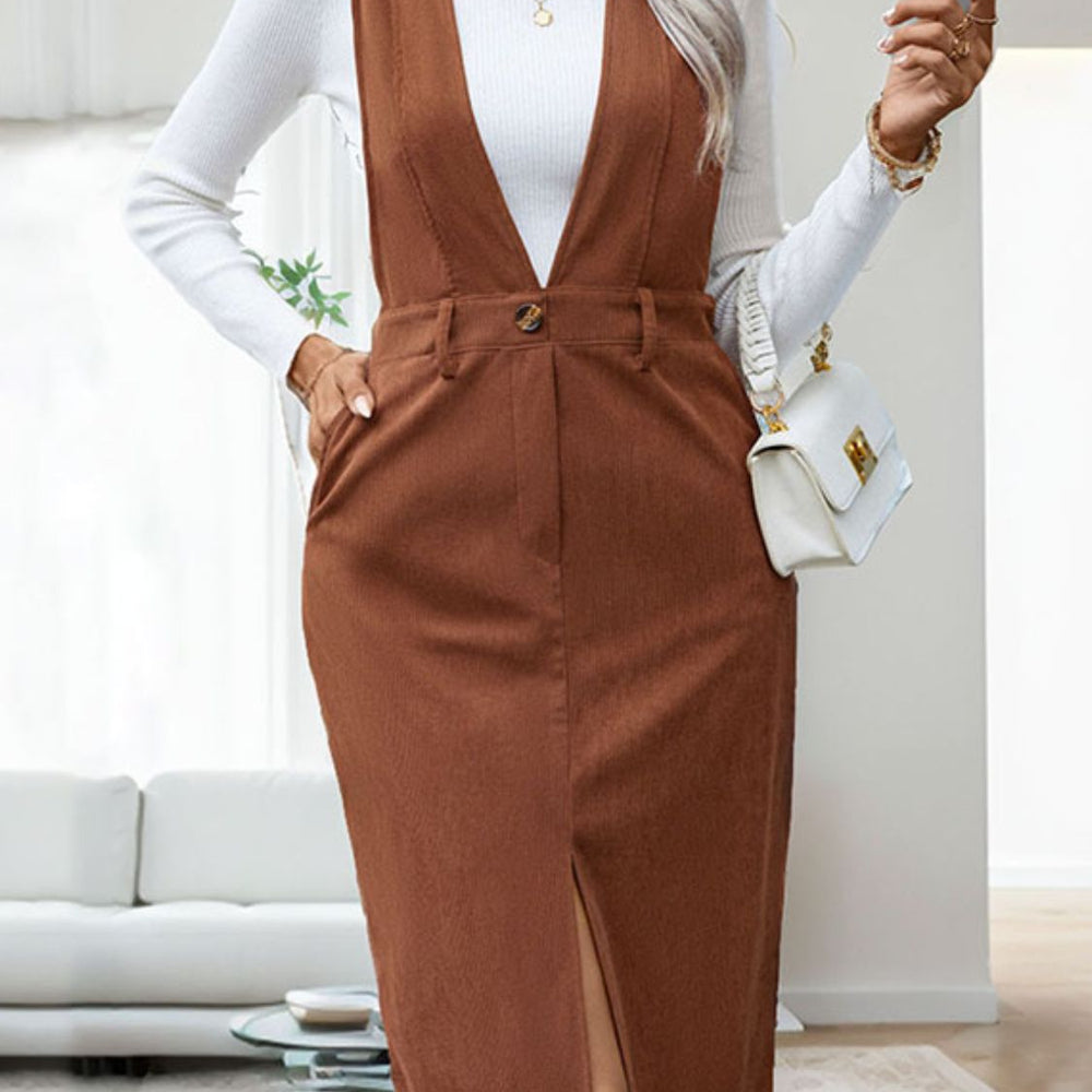 Perfee Slit Overall Dress with Pockets