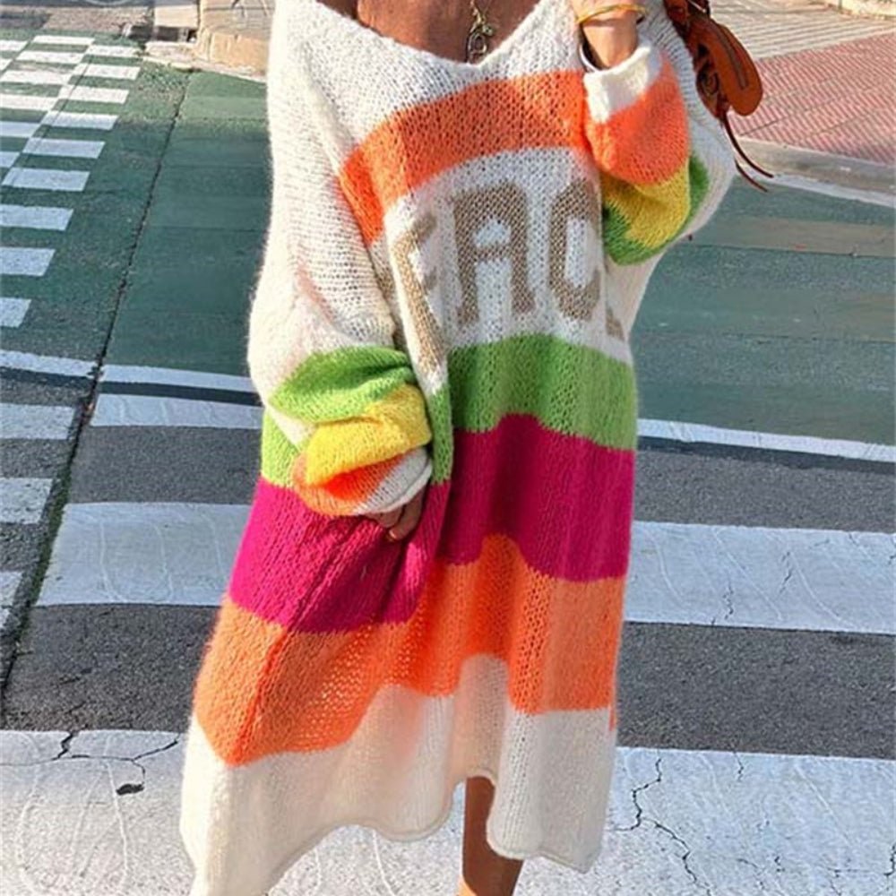 Color Block V-Neck Long Sleeve Sweater Dress