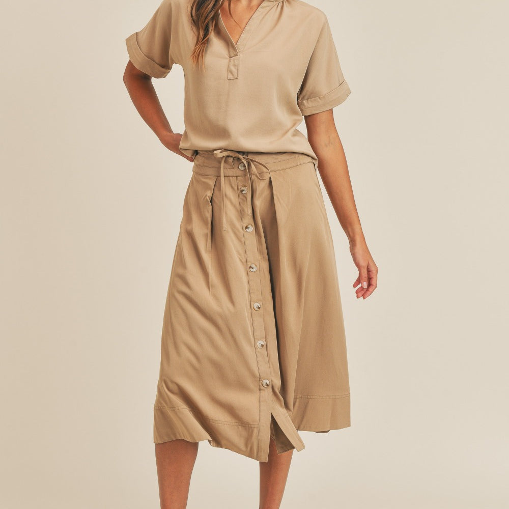 MABLE Short Sleeve Top and Button Down Midi Skirt Set