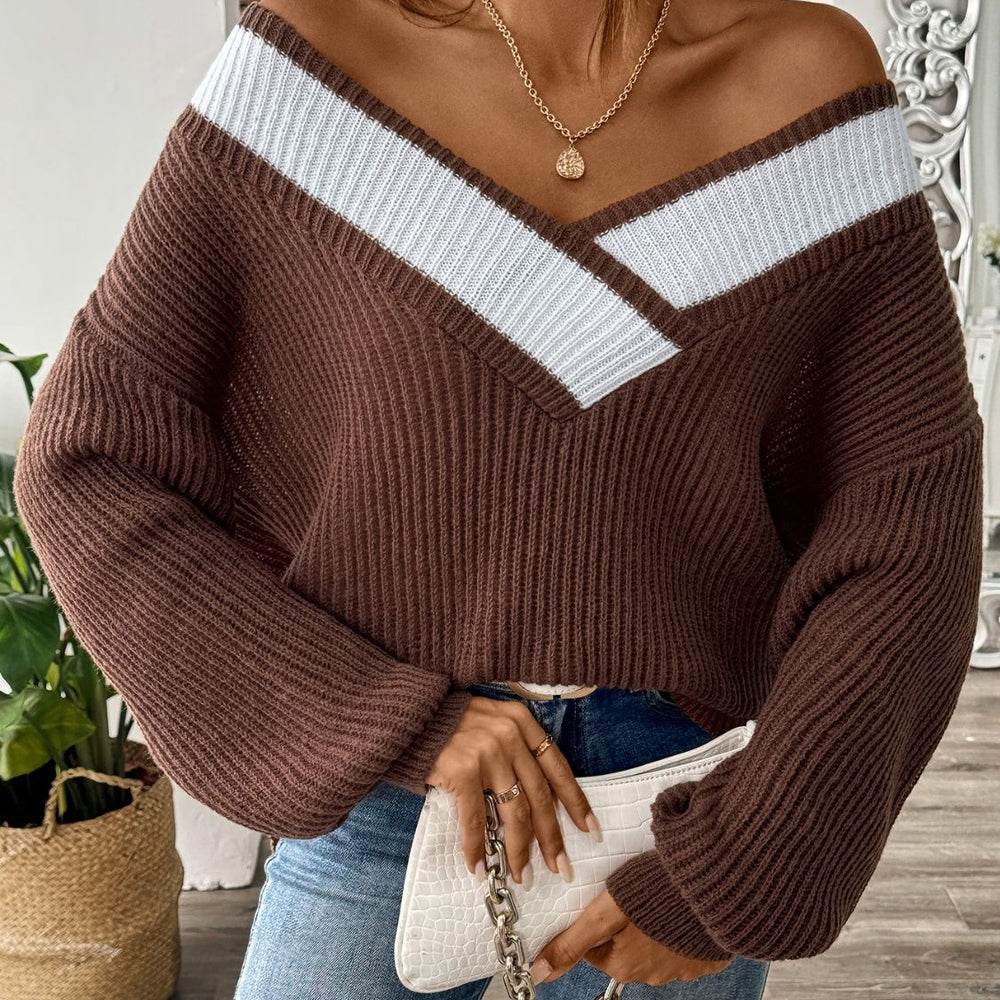 Contrast Dropped Shoulder Long Sleeve Sweater