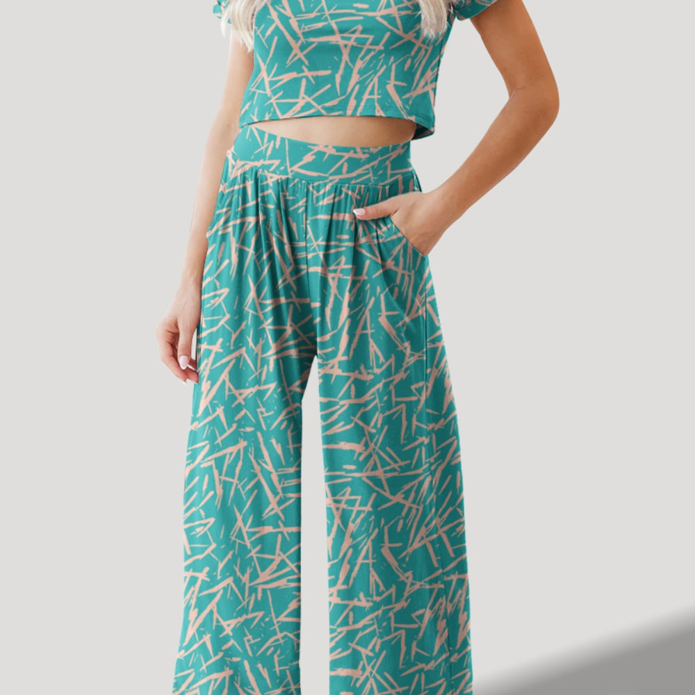 Printed Round Neck Short Sleeve Top and Pants Set