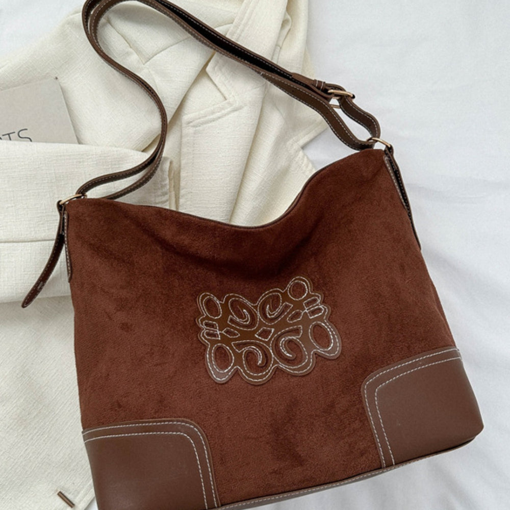 Suede Patch Adjustable Strap Tote Bag