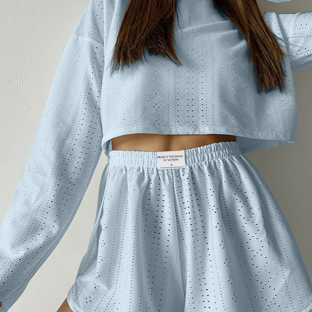 Eyelet Round Neck Top and Shorts Set