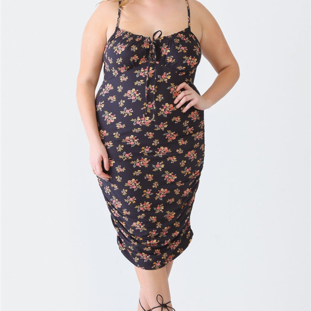 Blue Leopard Plus Size Ruched Floral Square Neck Cami Dress