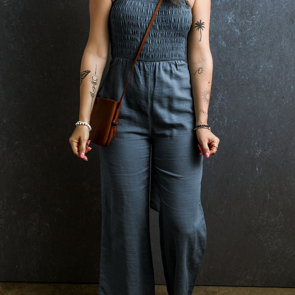 Tied Smocked Wide Leg Jumpsuit