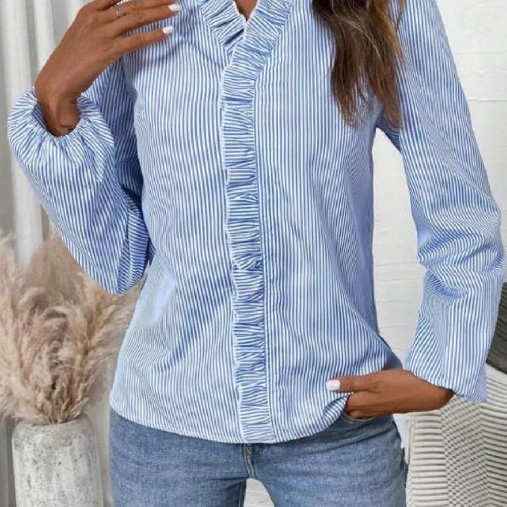 Frill Striped V-Neck Long Sleeve Blouse