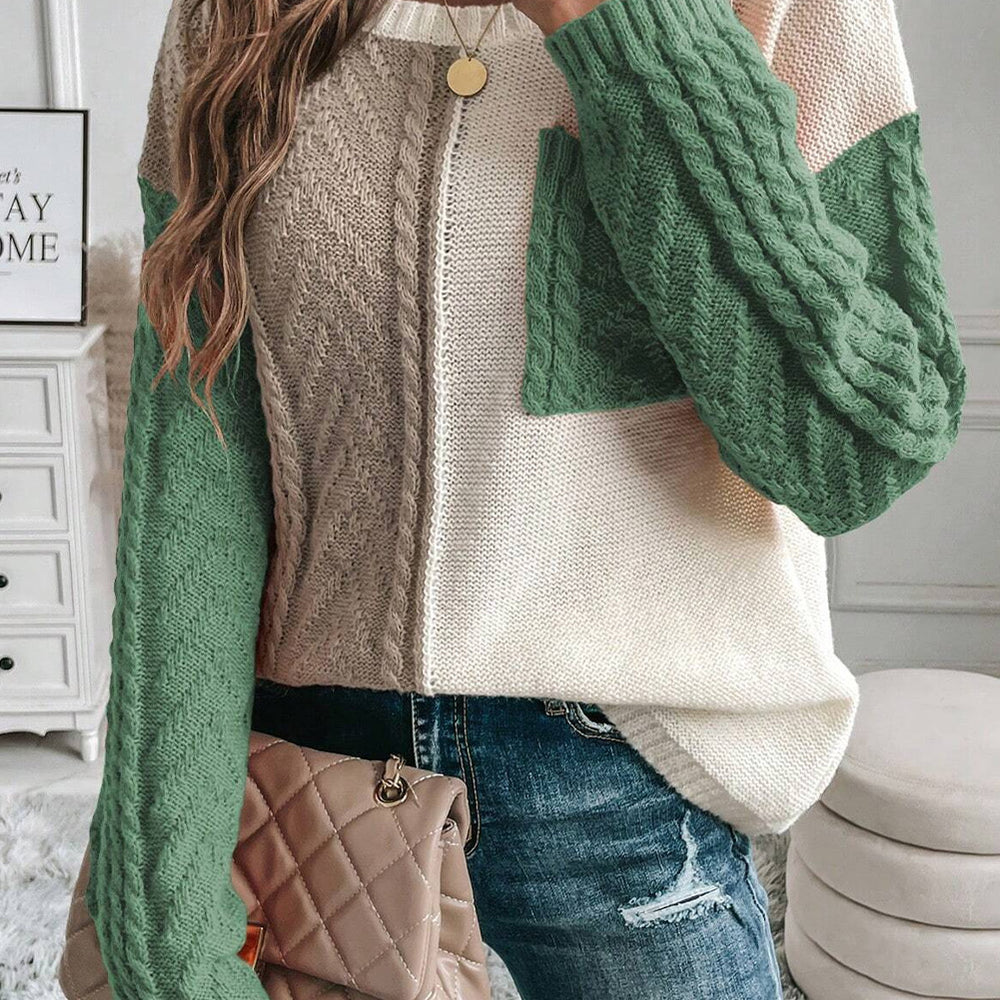 Color Block Round Neck Long Sleeve Sweater