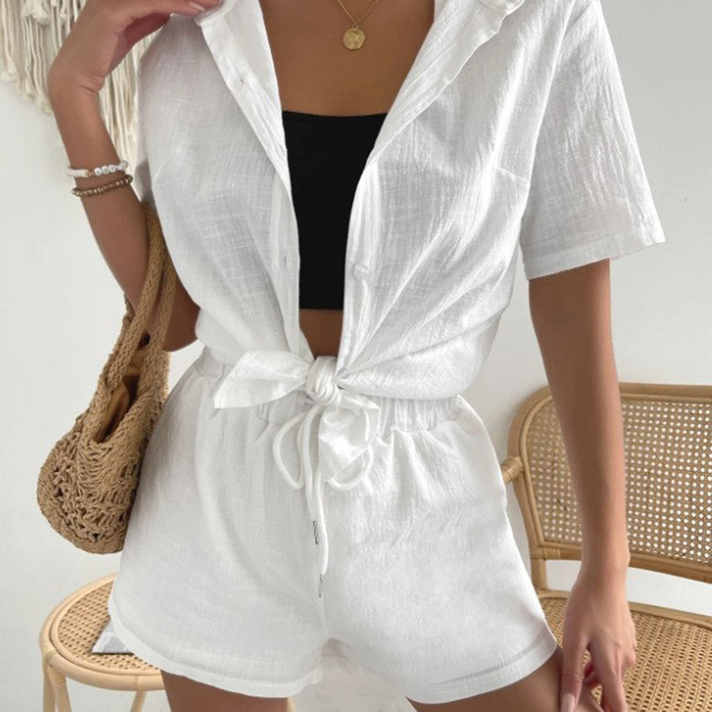 Button Up Short Sleeve Shirt and Drawstring Shorts Set