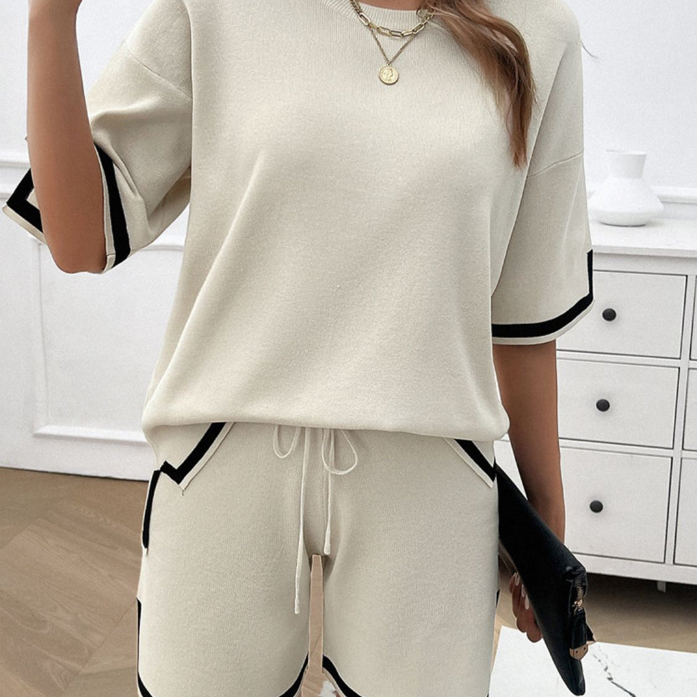 Contrast Trim Round Neck Top and Shorts Set