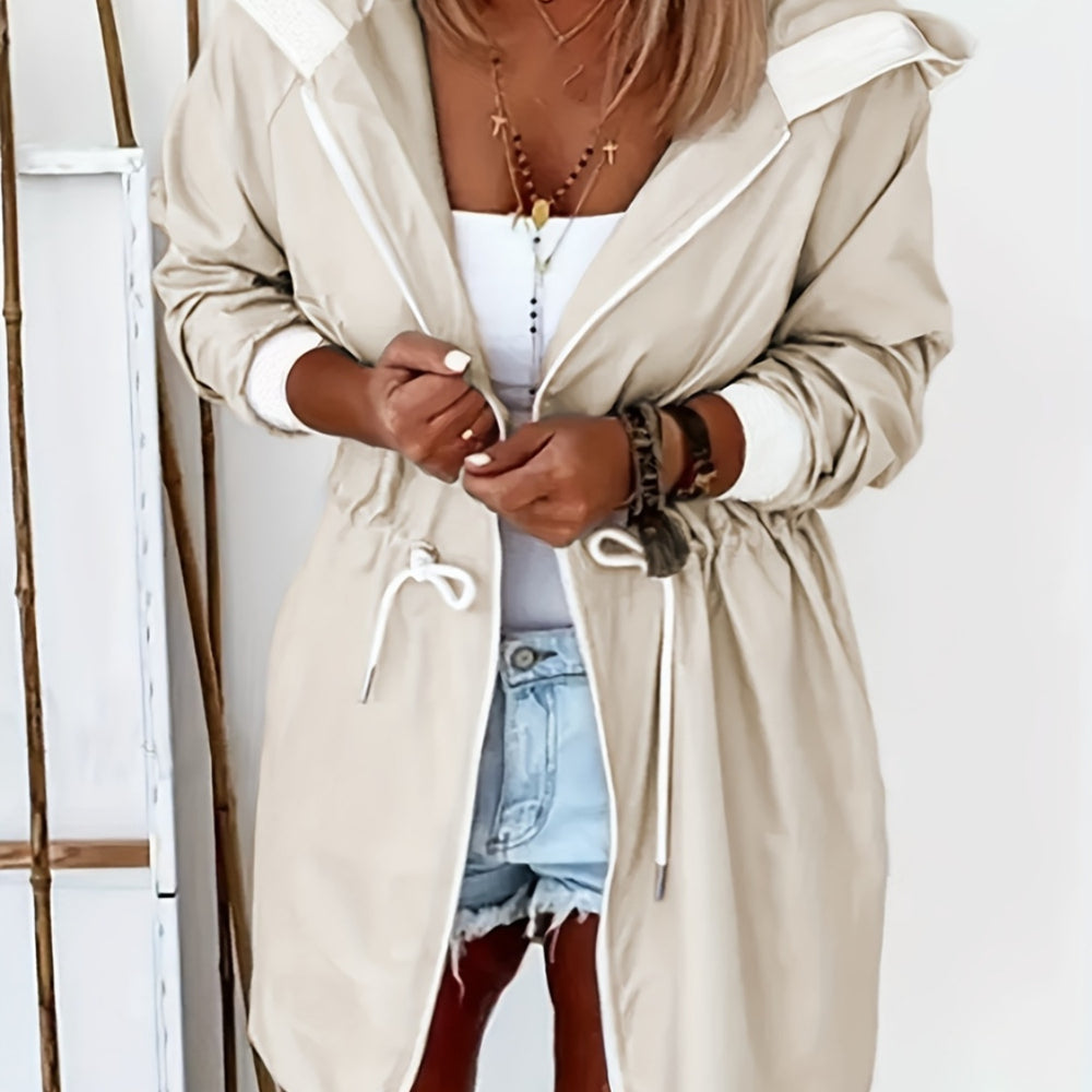 Drawstring Long Sleeve Hooded Trench Coat