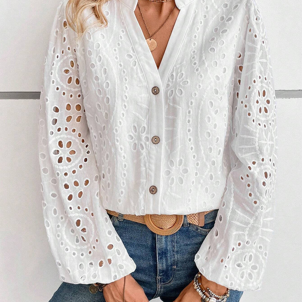 Cutout Notched Long Sleeve Blouse