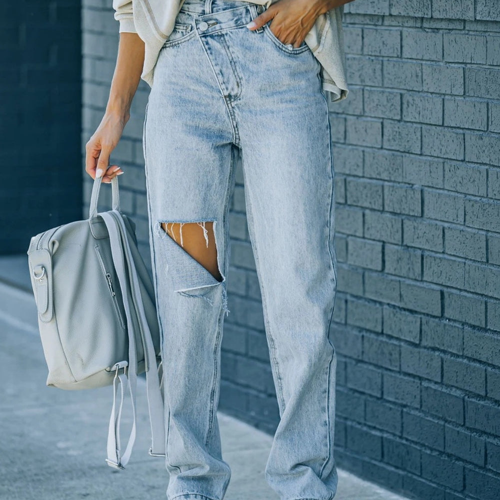 Distressed Asymmetric Waist Jeans