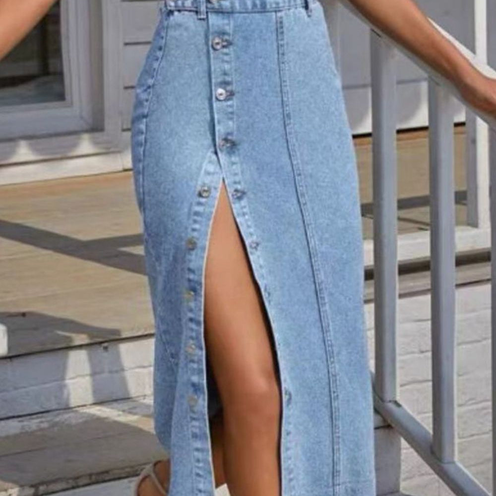 Buttoned Split Denim Skirt