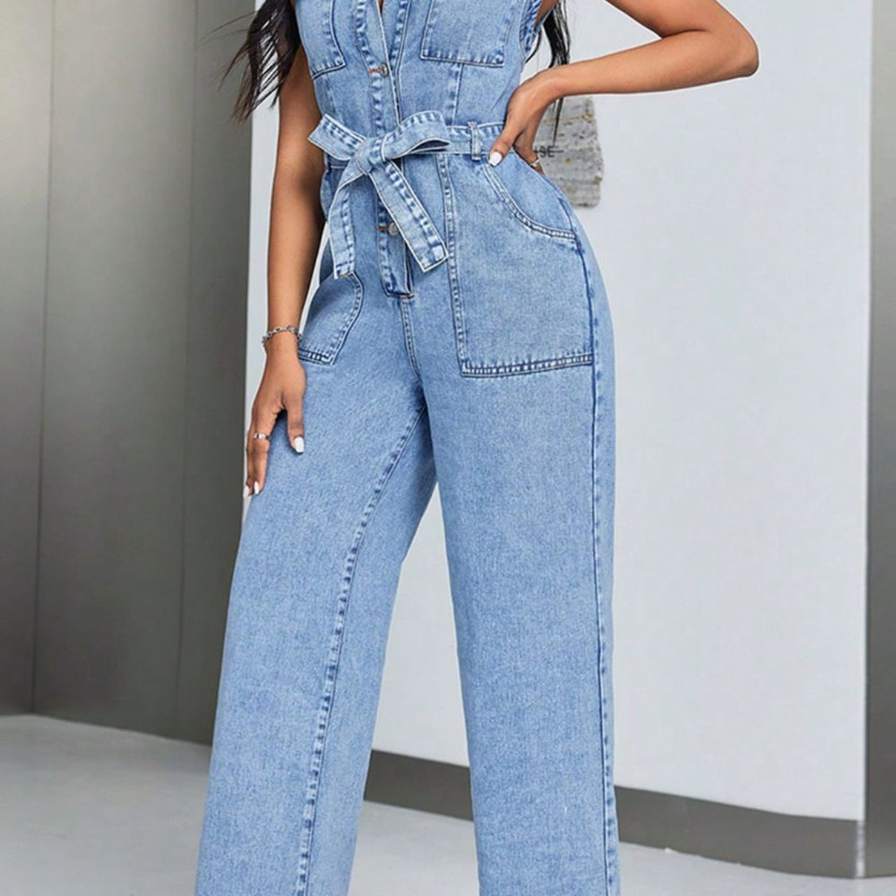 Tied Half Button Denim Jumpsuit with Pockets