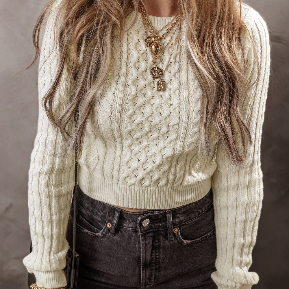 Cable-Knit Round Neck Long Sleeve Sweater