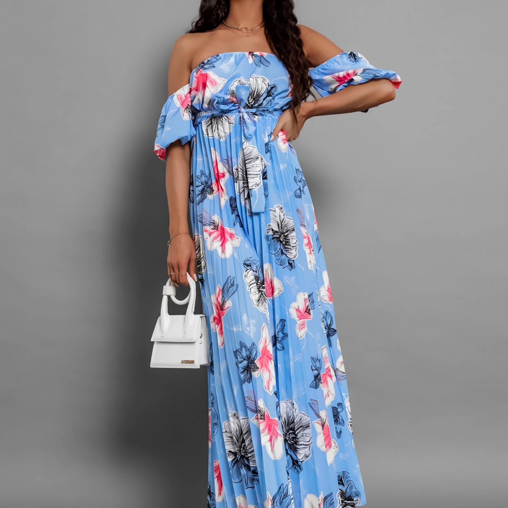 Pleated Floral Off-Shoulder Short Sleeve Midi Dress