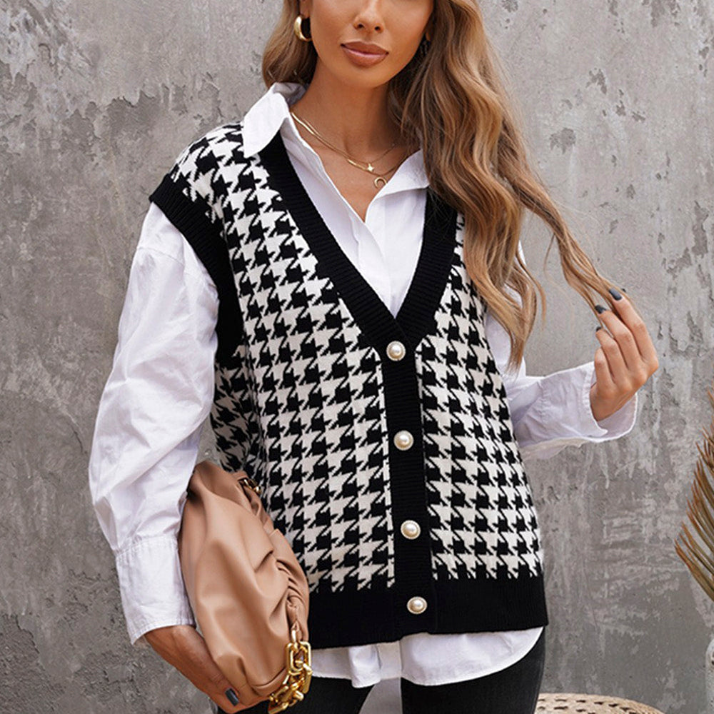 Houndstooth Button Front Sweater Vest