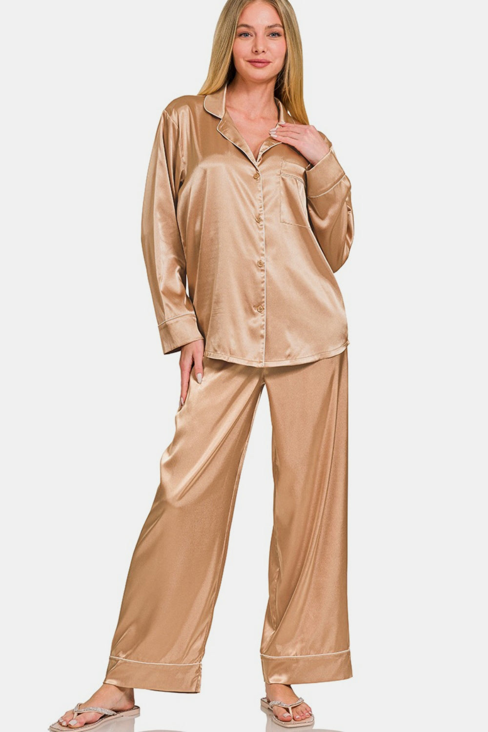 Zenana Satin Long Sleeve Shirt and Pants Pajama Set