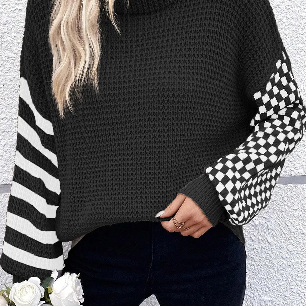 Checkered Striped Turtleneck Long Sleeve Sweater