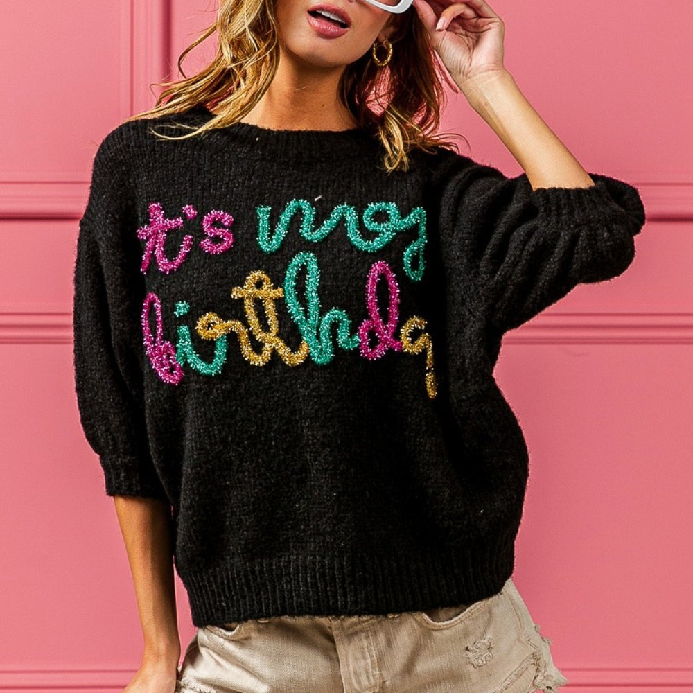 BiBi Metallic Letter Puff Sleeve Hairy Sweater