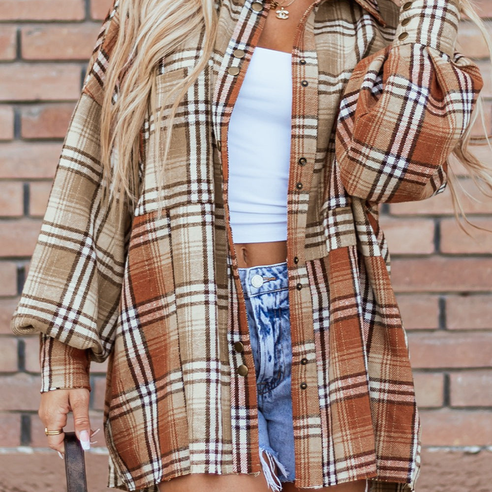 Plaid Snap Down Dropped Shoulder Shacket